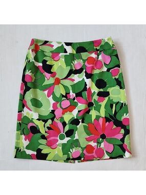 Talbots Skirt 6 Petite Floral Green Pink Multicolor silk cotton stretch Spring